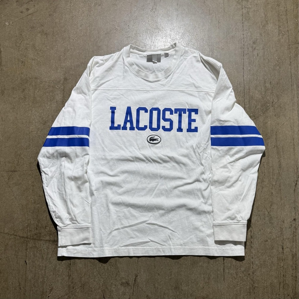 Lacoste Shirt Mens 2XL White Long Sleeve Classic Fit Logo Stripe Blue Tee